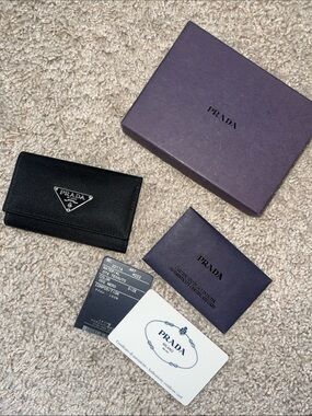 Prada Black Saffiano Leather Key & Card Holder with Silver Triangle Logo nylon